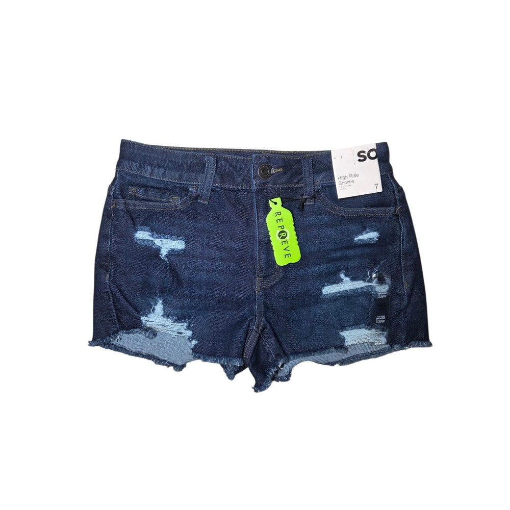 SO High-Rise Shortie Dark Wash Distressed‎ Denim Cut-Off Shorts 7 NWT